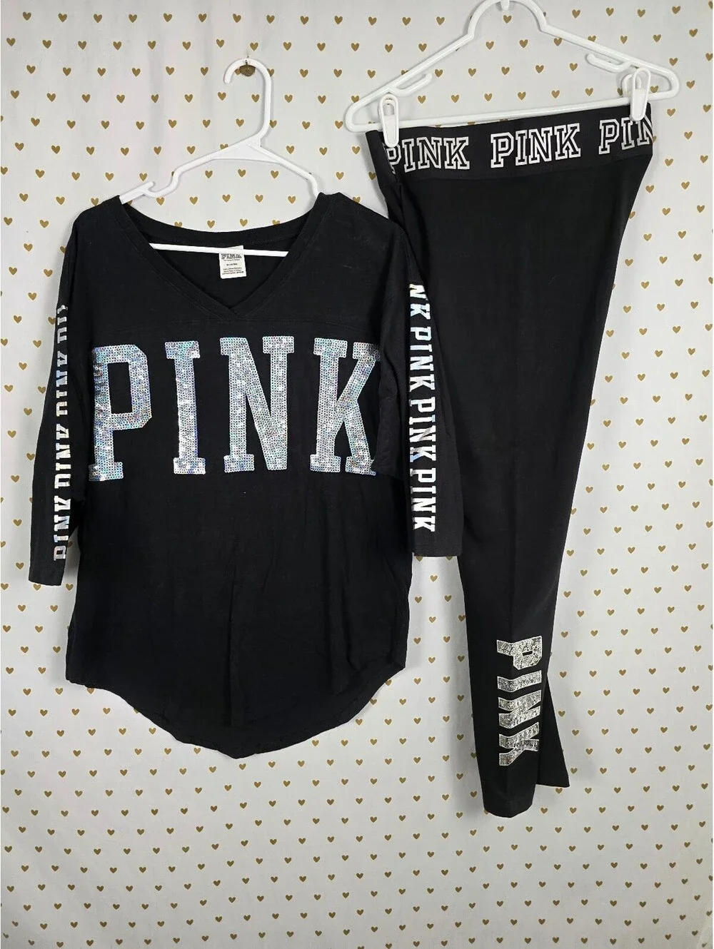 Victorias Secret PINK BLING SET Outfit Yoga Pants Sequined Logo Tee Shirt MEDIUM